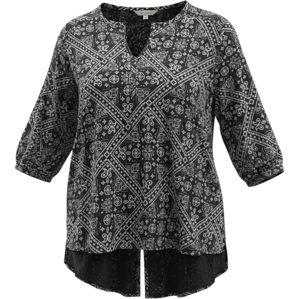 Lucky Brand Bandana Print Blouse Womens 3X Black‎ Boho Split Back V-Neck Top